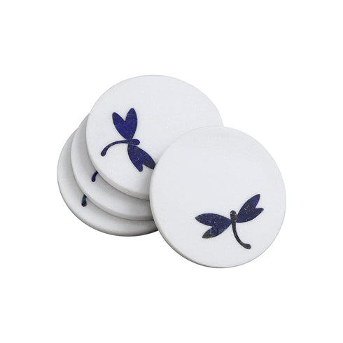 White Marble Coasters with Lapis Lazuli Inlay (Set of 4)